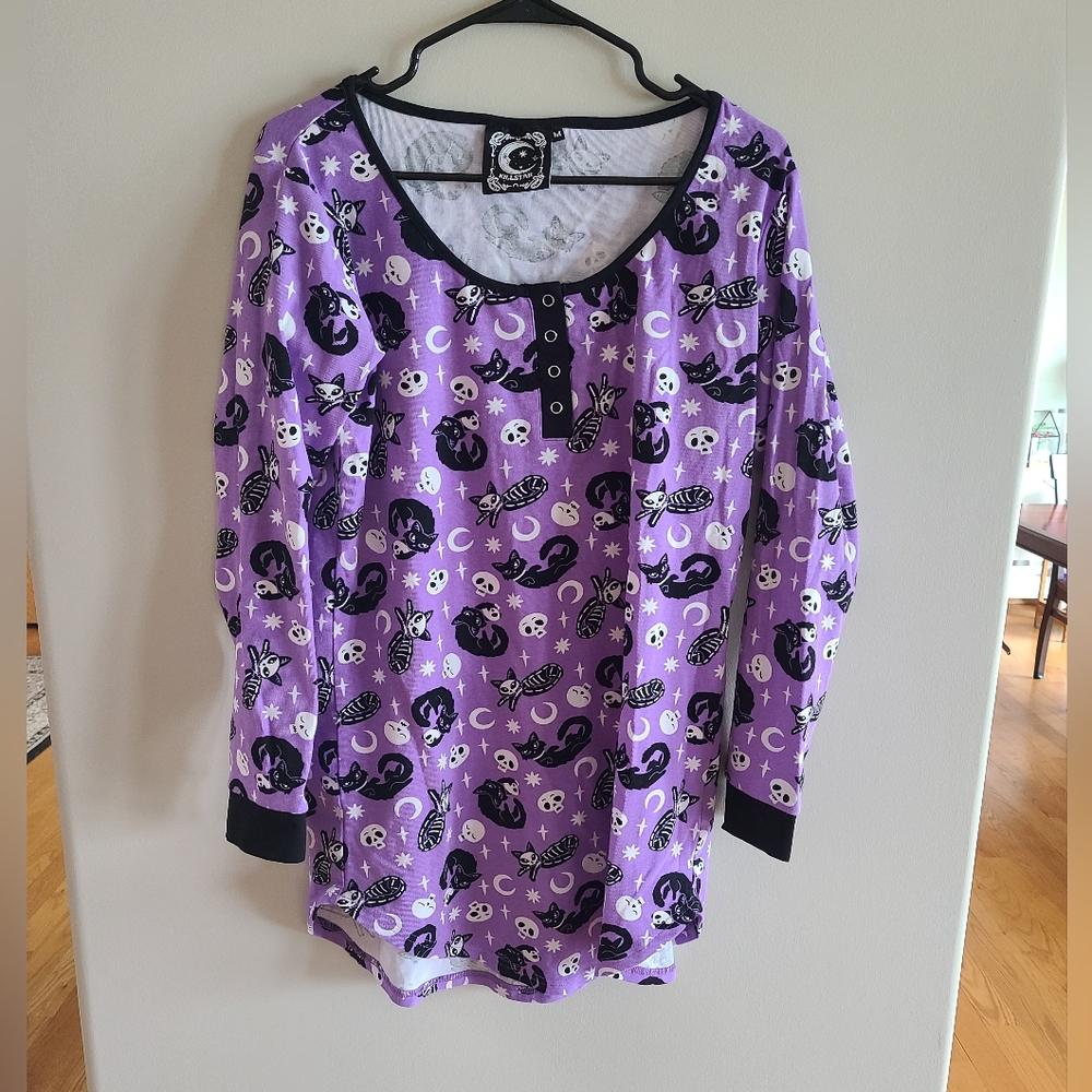 Killstar Black Cats and Skeletons Purple Sleep Shirt - Lounge Top - Cat Print